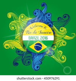 Vector Brazil World Cup Summer 2016 Sport Games Rio de Janeiro brazilian flag colors background with Typographic  Abstract  Waves and Sun Flare