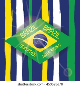 Vector Brazil World Cup Summer 2016 Sport Games Rio de Janeiro brazilian flag colors background with Typographic  Abstract  Stripes and Sun Flare