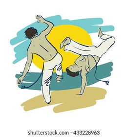 Vector brazilian Capoeira Martial Arts in Brazil. Illustration, vector background for the site, packages, T-shirts, corporate style. Dancing people on the move, fighting men