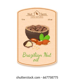 Vector brazilian nut oil label. Composition of brazil nut. Design of a sticker for jar walnut nut oil, almond butter. Sticker in retro style with texture for your design packaging cosmetics oil.