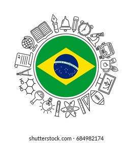 Vector Brazilian school background, with black linear icons on white. Education of Brazil pattern with modern line style icons and Brazilian flag.