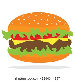 Vector bread burger illustration with meatloaf tomato vegetarian dish, white background, delicious food for lunch and dinner, fast food,