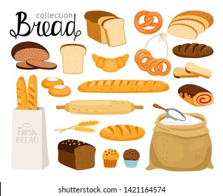 Vector bread collection. Cuisine cartoon bakery food, bagel and baguette, wheat bread slices for breakfast, croissant and small pretzel, flour and grain set