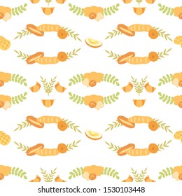 Vector Bread and Floral Decoration in White Color Background Seamless Pattern 