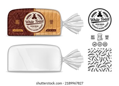 Vector bread packaging design. Transparent plastic bag packaging mockup