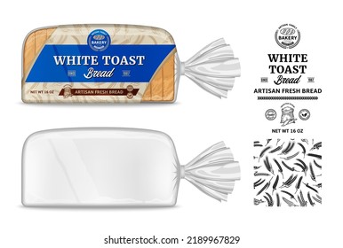 Vector Bread Packaging And Horizontal Label Design. Transparent Plastic Bag Packaging Mockup