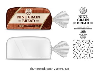 Vector bread packaging and horizontal label design. Transparent plastic bag packaging mockup