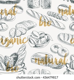 Vector bread retro seamless pattern. Vintage Illustration. Bakery sketch