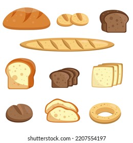 Vector bread set. Collection of bakery products on white background. Bread, loaf, baguette and other pastries