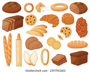 Vector Bread Set. Bread, Cookies, Challah, Croissant, Bagel, French Baguette, Cantucci. Illustrations For Design Menu Bakery. Cartoon Bread.