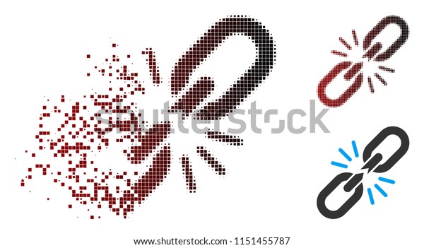 Vector break chain link icon\
in sparkle, pixelated halftone and undamaged whole versions.\
Disappearing effect uses square dots and horizontal gradient from\
red to black.