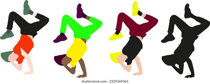 Vector break dancers set. Dancing boys. Young boy guy standing hands and dancing break dance. Active lifestyle vector illustration.