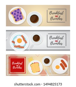 Vector breakfast ad posters, promo banners with coffee, scrambled eggs, sausage and sadnwiches. Cartoon flat style