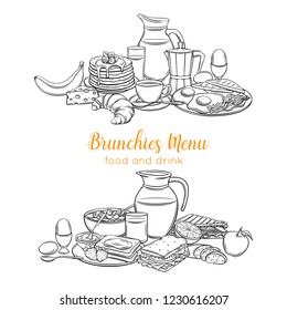 Vector breakfast banners. Jug of milk, coffee pot, cup, juice, sandwich and fried eggs. Retro engraving style pancakes, toast with jam, croissant, cheese and flakes with milk for menu design.