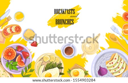 Vector breakfast and brunch banner in modern style. Table flat lay with healthy food. Plates, coffee cups, fruit, vegan toasts and juice. For restaurant menu, café decoration and recipes.