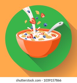 Vector breakfast cereal in bowl filled with milk and berries, flat cereal bowl icon. Breakfast icon. breakfast cereal in different flavors, breakfast icon