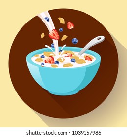 Vector breakfast cereal in bowl filled with milk and berries, flat cereal bowl icon. Breakfast icon. breakfast cereal in different flavors, breakfast icon