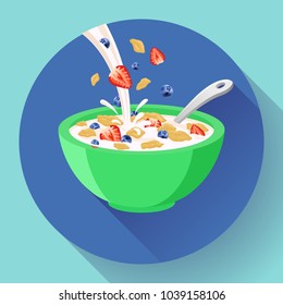 Vector breakfast cereal in bowl filled with milk and berries, flat cereal bowl icon. Breakfast icon. breakfast cereal in different flavors, breakfast icon