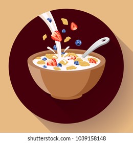 Vector breakfast cereal in bowl filled with milk and berries, flat cereal bowl icon. Breakfast icon. breakfast cereal in different flavors, breakfast icon