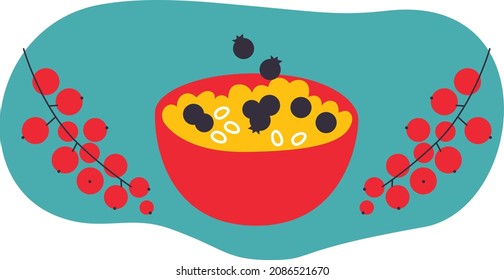 Vector breakfast cereal in bowl filled with berries. Abstract flat cereal bowl icon. Breakfast icon. Still life banner. Healthy breakfast illustration for social media, postcards, print. EPS 10.