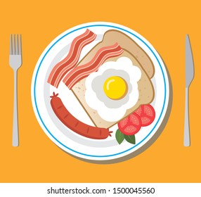 Vector breakfast concept. Flat design illustration for breakfast with fried eggs, bacon, sausage, toast and tomates. Vetorial breakfast