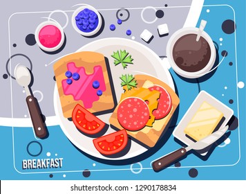 Vector breakfast concept with food and drinks. Breakfasts and brunches top view frame. Food menu design. Traditional morning meal.