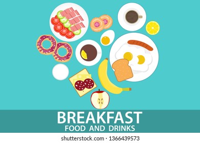 Vector breakfast concept with food and drinks with flat icons. Breakfast design set. reakfast composition sandwich and omelette, food bakery illustration.