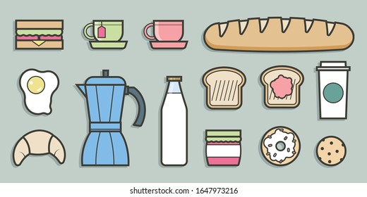 Concepto de desayuno vectorial con comida y bebida con iconos planos. Composición del desayuno sándwich y café, ilustración de la panadería del desayuno