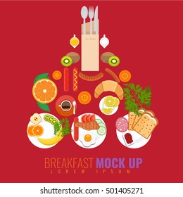 Vector breakfast concept with food and drinks with flat icons in creative composition mockup. Breakfast composition sandwich and omelette, breakfast food bakery illustration