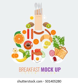 Vector breakfast concept with food and drinks with flat icons in creative composition mockup. Breakfast composition sandwich and omelette, breakfast food bakery illustration