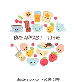 Vector breakfast concept with food and drinks. Breakfast design set. Breakfast time.