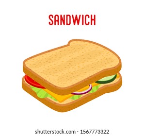 Vector breakfast concept - sandwich with vegetables, fried bread with organic products. Cartoon flat style.