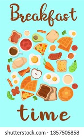 Vector breakfast concept set with food and drinks with flat icons in composition. Breakfast composition sandwich and omelette, juce, breakfast food bakery illustration