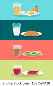 Vector breakfast concept set with food and drinks with flat icons in composition. Breakfast composition sandwich and omelette, juce, breakfast food bakery illustration