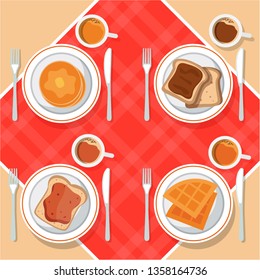 Vector breakfast concept set with food and drinks with flat icons in composition. Breakfast composition sandwich and omelette, juce, breakfast food bakery illustration
