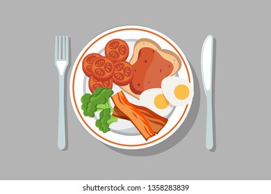Vector breakfast concept set with food and drinks with flat icons in composition. Breakfast composition sandwich and omelette, juce, breakfast food bakery illustration