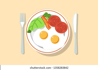 Vector breakfast concept set with food and drinks with flat icons in composition. Breakfast composition sandwich and omelette, juce, breakfast food bakery illustration