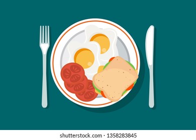Vector breakfast concept set with food and drinks with flat icons in composition. Breakfast composition sandwich and omelette, juce, breakfast food bakery illustration
