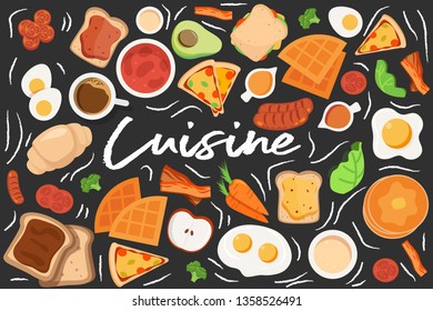 Vector breakfast concept set with food and drinks with flat icons in composition. Breakfast composition sandwich and omelette, juce, breakfast food bakery illustration