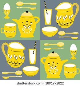Vector breakfast dishes seamless pattern background. Geometric backdrop with yellow retro country jugs, bowls, spoons, glasses, egg cups with in scandi style decor. Hand drawn crockery utensils repeat