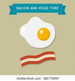 Vector Breakfast Eggs and Bacon Illustration, simple flat design with banner and text