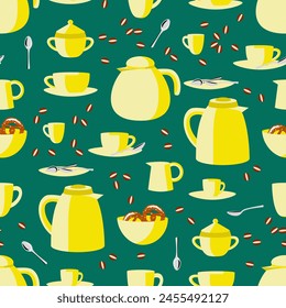 Vector - breakfast equipment with pretzels seamless pattern.