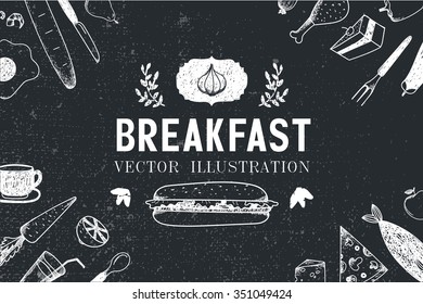 Vector breakfast, food hand drawn illustration, banner, menu cover, poster. Black and white