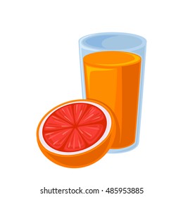 Vector breakfast food . Icon of healthy food orange juice with half of orange. Cartoon illustration isolated on white.