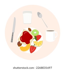 Vector of a breakfast with fresh fruits and nuts, a cup of coffee, milk and bread with jam. 