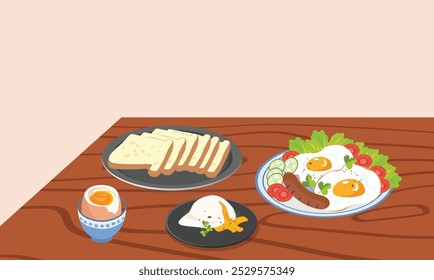 Vector of breakfast with fried egg, boiled egg, poached egg and bread. Healthy delicious breakfast on the table. Cooked egg dishes clipart. Food clipart. Flat vector in cartoon style.