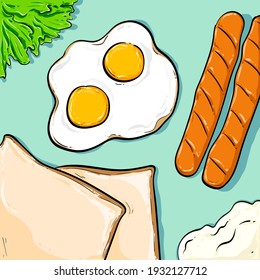 Vector breakfast, fried egg, Bread and sausage, Vector illustration.