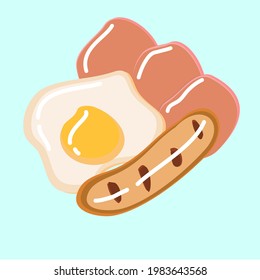 Desayuno vectorial. Huevo frito, salchicha y jamón, bonito dibujo.