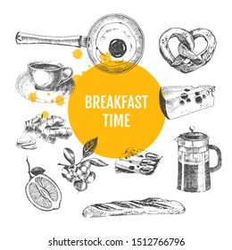 vector breakfast hand drawn illustration. sketch of morning food including fried egg, pastry, cheese, coffee, ginger, lemon, berries. flat lay ink doodle. lunch restaurant design template
