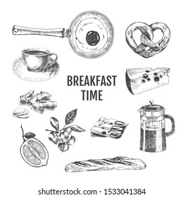 vector breakfast hand drawn illustration. sketch of traditional morning food including fried egg, pastry, cheese, coffee, ginger, lemon, berries. flat lay ink doodle. lunch restaurant design template
